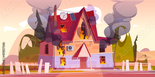 House on fire, home burn with flame and clouds of black smoke. Concept of disaster, accident, danger. Vector cartoon landscape with burning old suburban cottage, fence and green trees