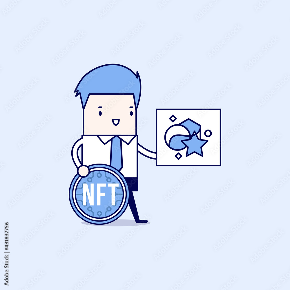 Technology of selling NFT tokens for cryptocurrency. Businessman sells artworks online. Cartoon character thin line style vector.