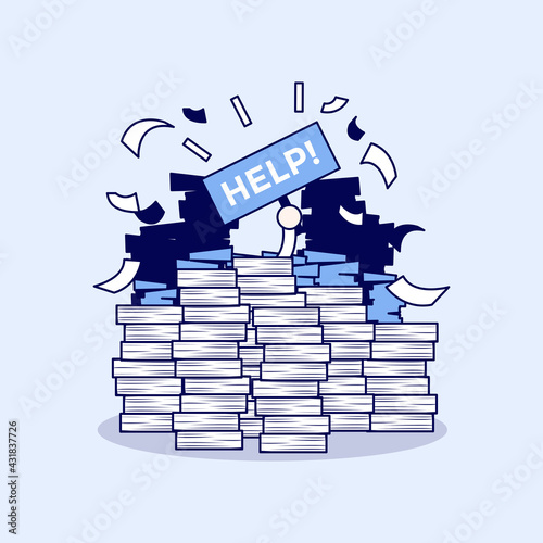 Overworked businessman under a lot of documents and holding a HELP placard. Cartoon character thin line style vector.