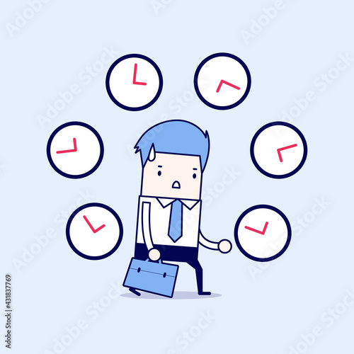 Businessman with many clocks. Cartoon character thin line style vector.