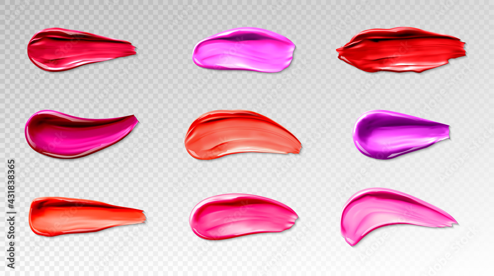 © klyaksun - Lipstick swatches, smears of liquid lip gloss for makeup palette isolated on transparent background. Vector realistic mockup of bright red, rose and pink smudges of female cosmetic © klyaksun - Lipstick swatches, smears of liquid lip gloss for makeup palette isolated on transparent background. Vector realistic mockup of bright red, rose and pink smudges of female cosmetic