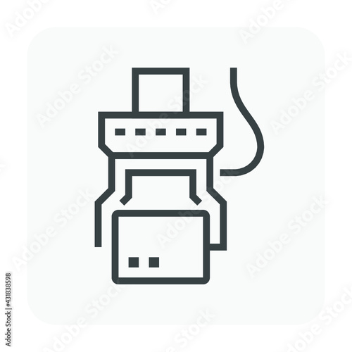 Robot hand, arm grabbing cardboard box packaging vector icon. Automation machine and engineering technology for industry process in factory i.e. production, manufacturing. 64x64 pixel, editable stroke