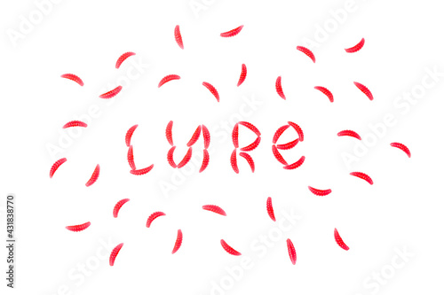 Lure text made from red silicone maggot bait. Lots of silicone baits around the lettering. Studio photo with isolated objects on a white background.