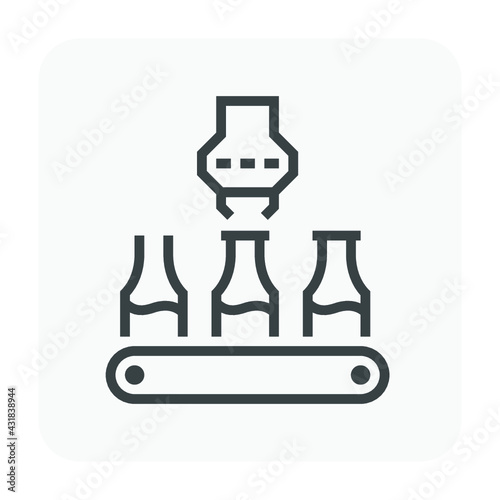 Food and beverage processing vector icon. Robotic hand, bottle capping machine to seal, capping bottle packaging on production line in factory plant. Automation technology of manufacturing industry.