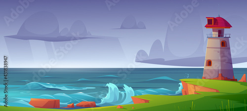 Lighthouse on sea shore at storm, beacon building at scenery nature ocean landscape with splashing water waves and rocky coast under dull cloudy sky. Nautical seafarer, Cartoon vector illustration
