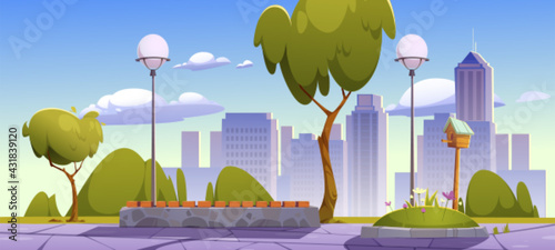 City park with green trees and grass, wooden bench and town buildings on skyline. Vector cartoon summer landscape of empty public garden with lanterns and birdhouse