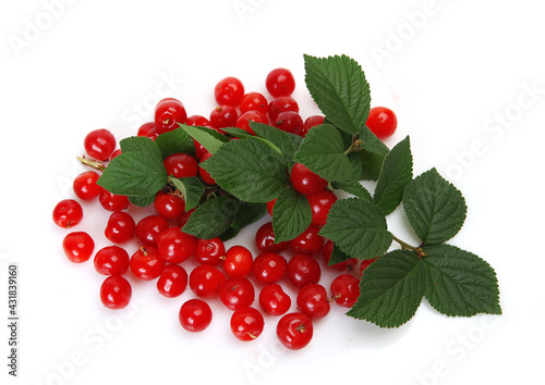 ripe cherry and green leaves on a white background