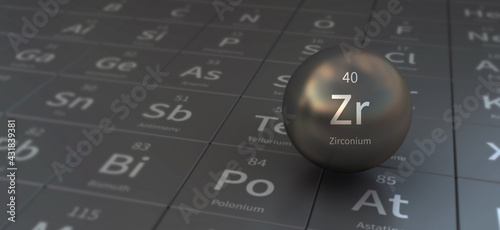 zirconium element in spherical form. 3d illustration on the periodic table of the elements.
 photo