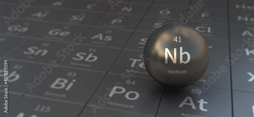 niobium element in spherical form. 3d illustration on the periodic table of the elements.
