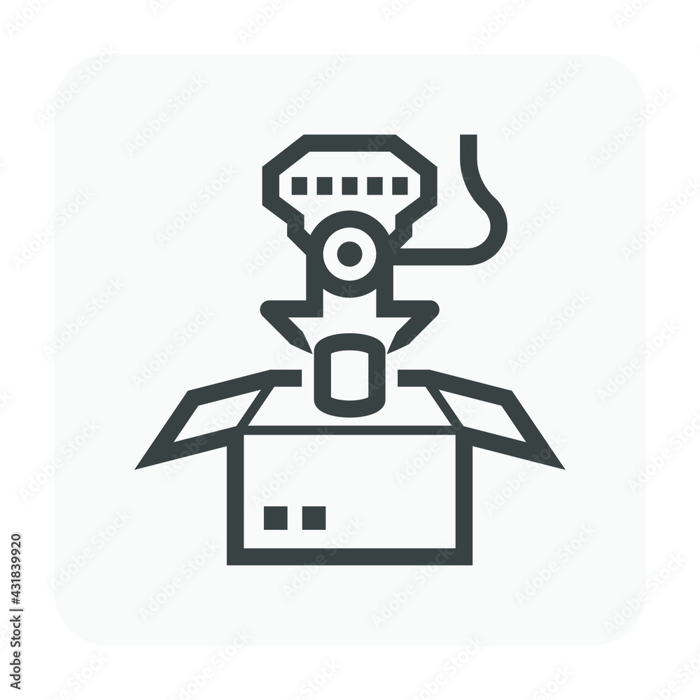 Robot, production line vector icon. Consist of robot hand, arm, product, box packaging, conveyor belt and machine. Automation engineering technology for industry i.e. assembly, manufacturing, process. Robot, production line vector icon. Consist of robot hand, arm, product, box packaging, conveyor belt and machine. Automation engineering technology for industry i.e. assembly, manufacturing, process.