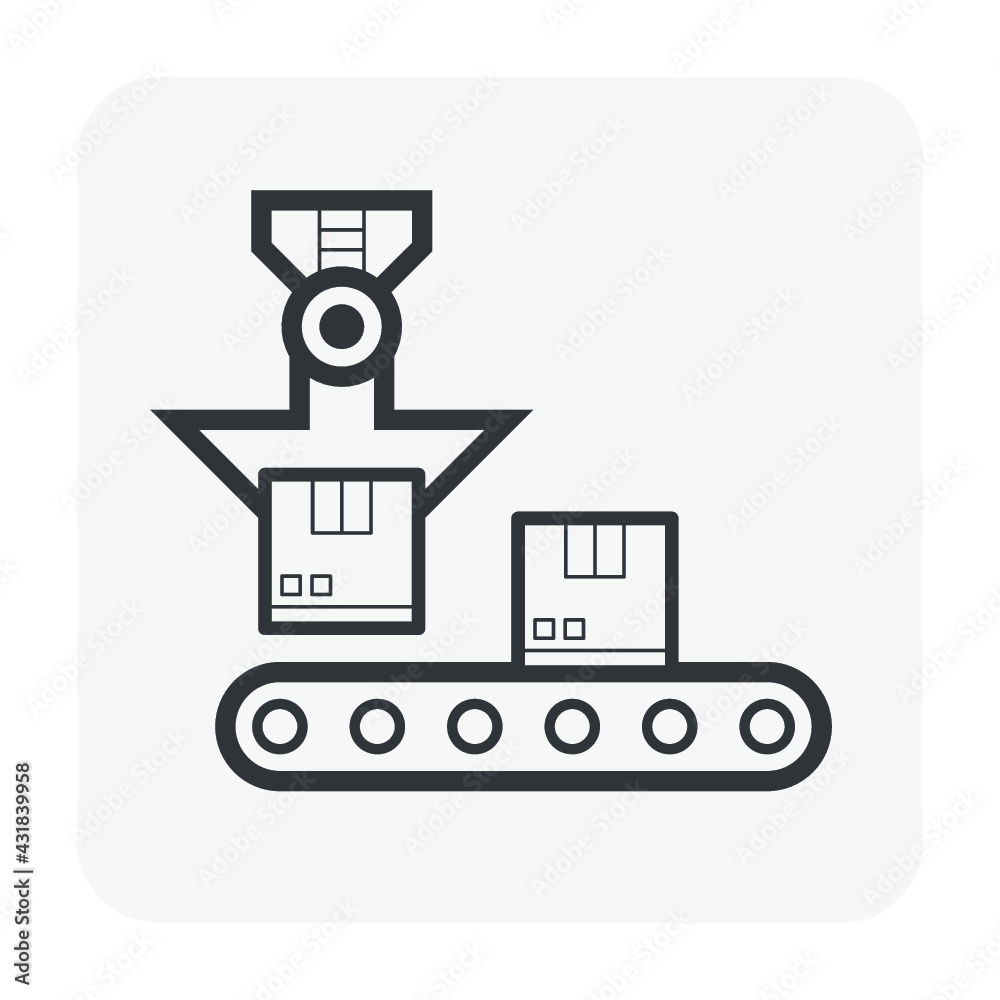 Robot, production line vector icon. Consist of robot hand, arm, product, box packaging, conveyor belt and machine. Automation engineering technology for industry i.e. assembly, manufacturing, process. Robot, production line vector icon. Consist of robot hand, arm, product, box packaging, conveyor belt and machine. Automation engineering technology for industry i.e. assembly, manufacturing, process.
