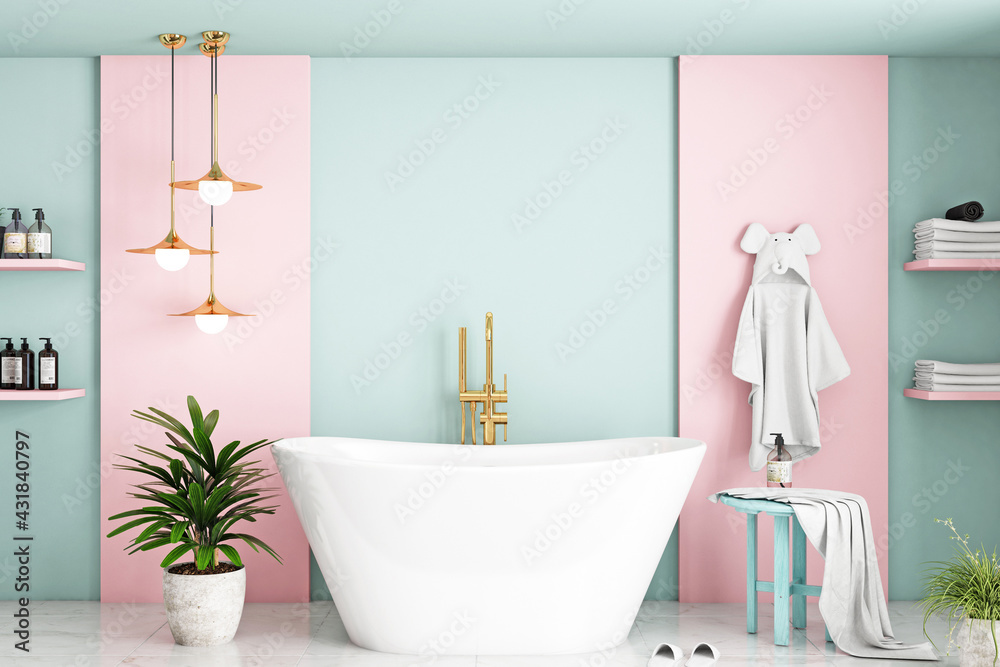 blank wall mock up kids bathroom pink, bathroom interior  background, 3d render - obrazy, fototapety, plakaty 