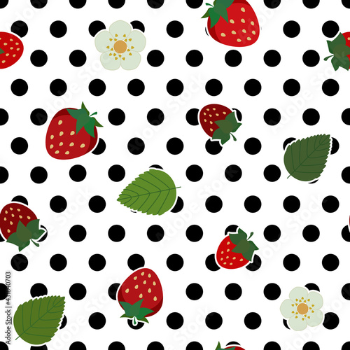 Red strawberry illustration and flowers with leaf, over large black polka dots seamless pattern
