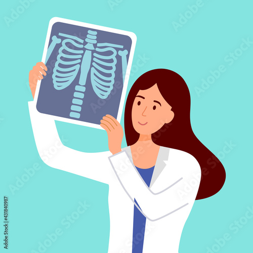 Lady doctor watching chest Xray film in flat design. Chest rib skeleton in medical radiology X-ray film.