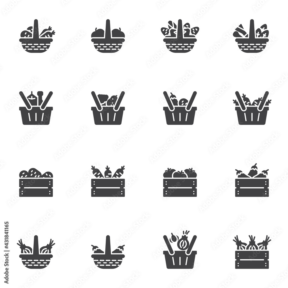 Food basket vector icons set Food basket vector icons set