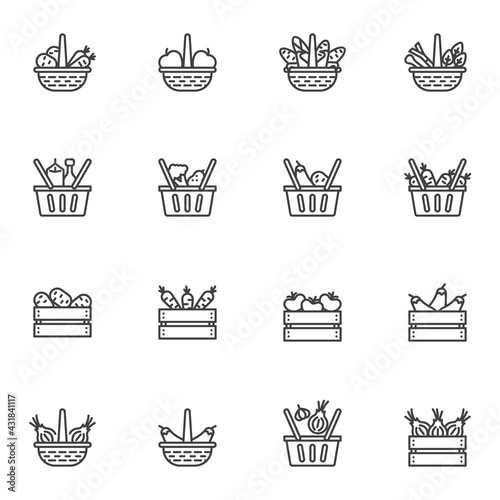 Food basket line icons set