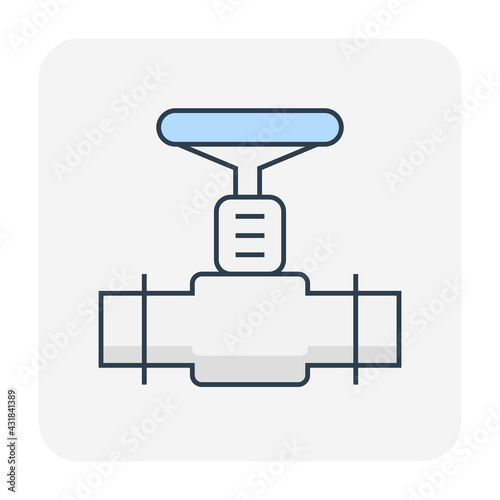 Valve and steel pipe vector icon. Equipment for shut off or control water, oil and natural gas in pipeline and pump system of tap, plumbing, heating and chemicals in factory and industrial plant.
