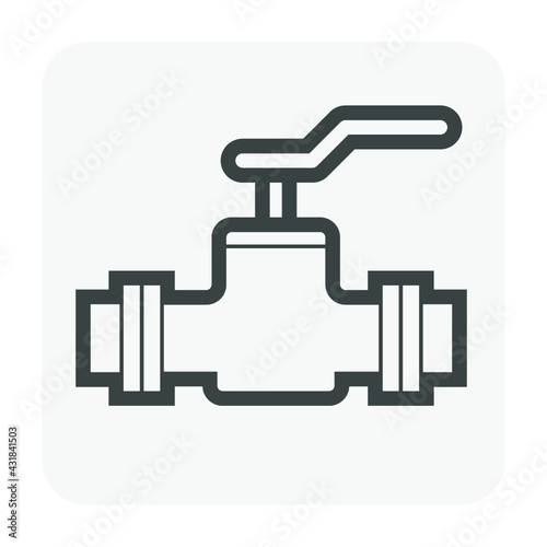 Valve and steel pipe vector icon. Equipment for shut off or control water, oil and natural gas in pipeline and pump system of tap, plumbing, heating and chemicals in factory and industrial plant.