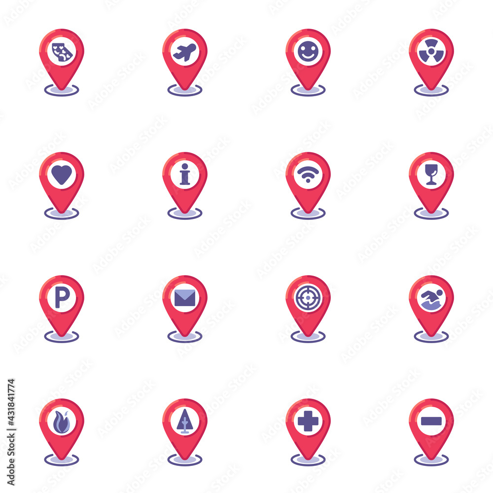 GPS navigation pin flat icons set GPS navigation pin flat icons set