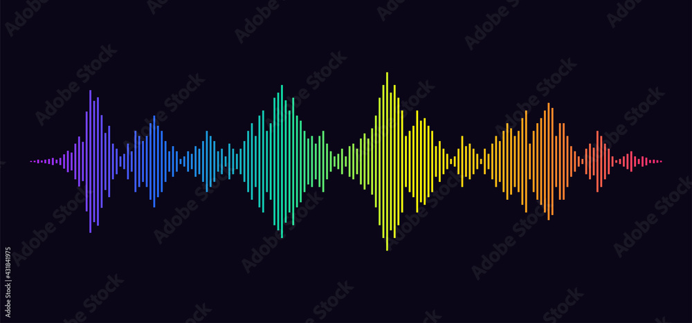 Sound wave rhythm. Colorful digital equalizer. Abstract wavy stripes on a black background isolated. Sound wave rhythm. Colorful digital equalizer. Abstract wavy stripes on a black background isolated.