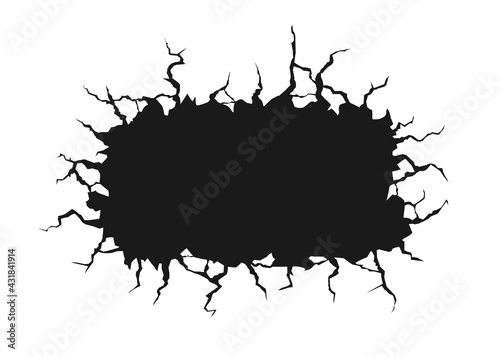 Cracked hole texture isolated on white background. Broken wall texture with space for text.