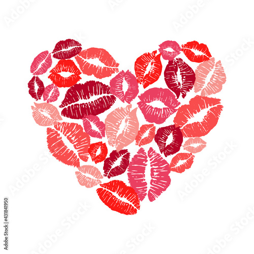Heart shape made from colorful print kisses isolated on white background. 
