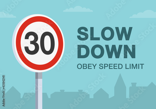 Safety driving rules. Obey the speed limit warning road sign. Close up view. Residential area and living street road. Flat vector illustration template.