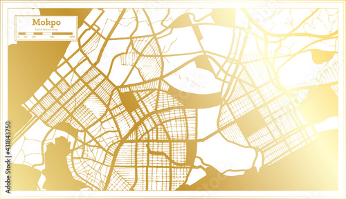 Mokpo South Korea City Map in Retro Style in Golden Color. Outline Map.