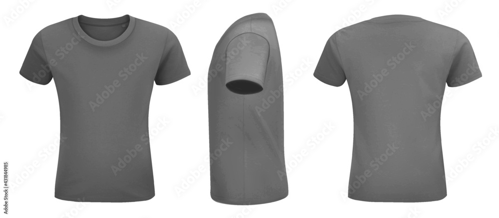 Photo-realistic t-shirt mockup. Front, side and back isolated on a white background. Advertising textile print vector set. Template collection. Photo-realistic t-shirt mockup. Front, side and back isolated on a white background. Advertising textile print vector set. Template collection.