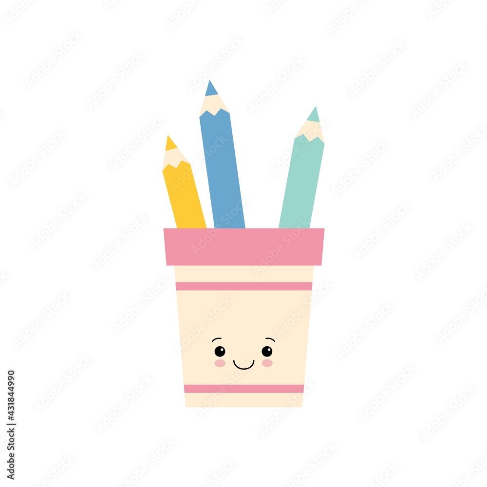 pencil holder Cute character. Back to school. Colorful vector illustration. Cartoon style. Isolated on white background. pencil holder Cute character. Back to school. Colorful vector illustration. Cartoon style. Isolated on white background.