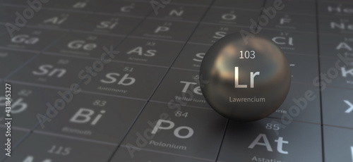 lawrencium element in spherical form. 3d illustration on the periodic table of the elements.