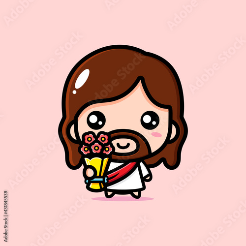 Cute cartoon jesus vector design holding flowers