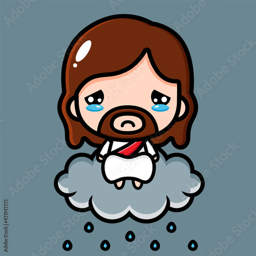 Cute cartoon jesus vector design sad and sitting on a cloud