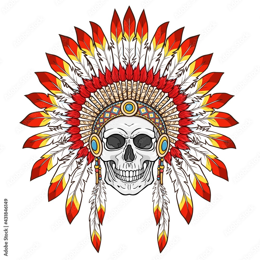 Animation portrait: human skull  in ancient American Indian head dress. Color drawing. Vector illustration isolated on a white background. Print, poster, T-shirt, postcard.