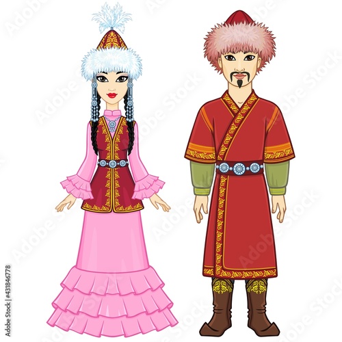 Animation portrait of Asian family in a national hat and clothes. Full growth. Central Asia. Vector illustration isolated on a white background.