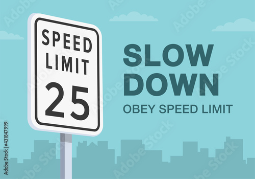 Safety driving rules. Speed limit warning road sign. Close up view. Residential area and living street road. Obey the speed. Flat vector illustration template.