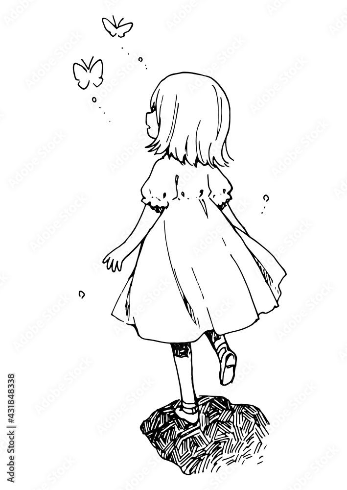 Fototapeta premium 蝶を追いかける女の子のイラスト ペン画 落書き