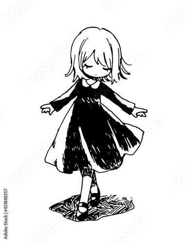 スカートを翻す女の子のイラスト　ペン画　落書き