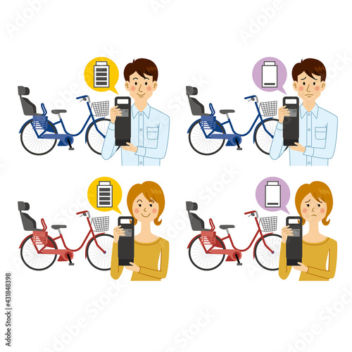 電動アシスト自転車の充電をチェックする男女