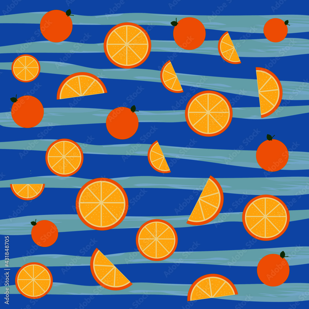 Orange slices on blue. Citrus fruit background.