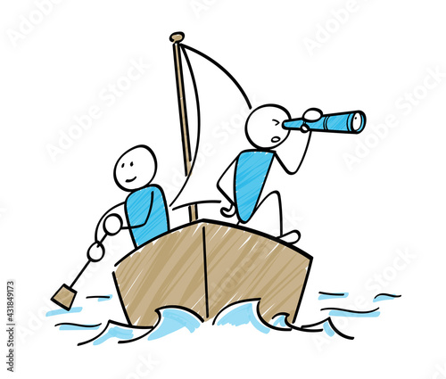 船で航海する船乗り　棒人間のイラスト