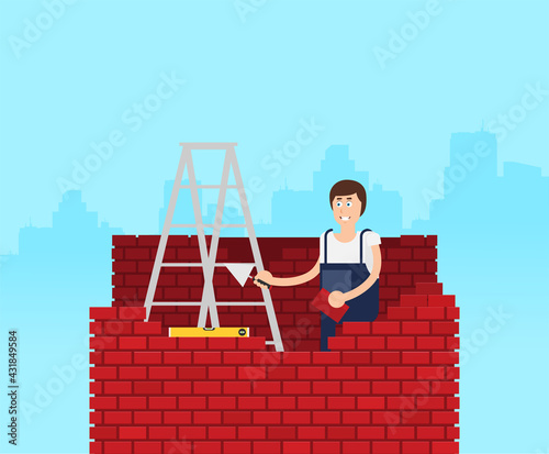Flat young man bricks stacker with equipment makes wall.