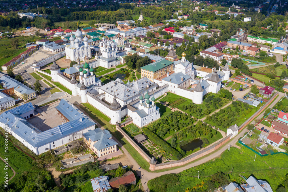 Aerial view of Rostov Kremlin on sunny summer day. Yaroslavl Oblast, Russia.