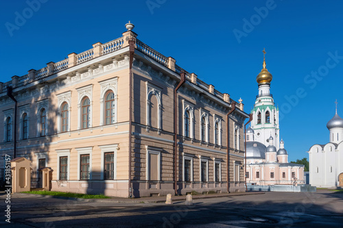 View of Lace Museum, Voskresensky and Sophia Cathedrals on sunny summer day. Vologda, Russia.