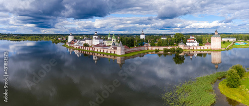 Panoramic view of Kirillo-Belozersky Monastery on sunny summer day with dramatic cloudy sky. Kirillov, Vologda Oblast, Russia.