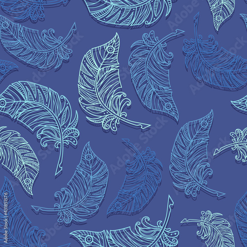 Seamless pattern with feathers.  Vector illustration for designing posters, cards, prints, stickers, wallpaper, fabric, textile, gift paper, scrapbooking 