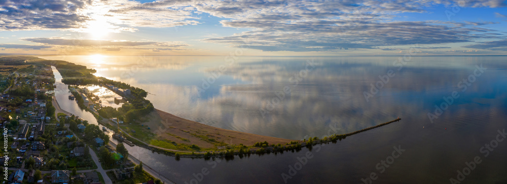 Panoramic sunset aerial view of the town, Beloye lake and Belozersky canal.  Belozersk, Vologda Oblast, Russia. Stock Photo | Adobe Stock