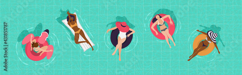 Young girls floating on inflatable rings and air mattresses in blue pool water. Top aerial view. Vector banner, poster illustration design.