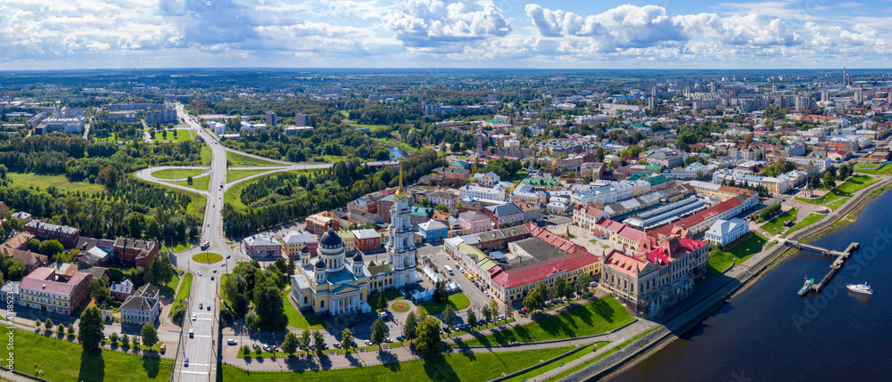 Panoramic aerial view of Rybinsk town on sunny day. Yaroslavl Oblast, Russia.
