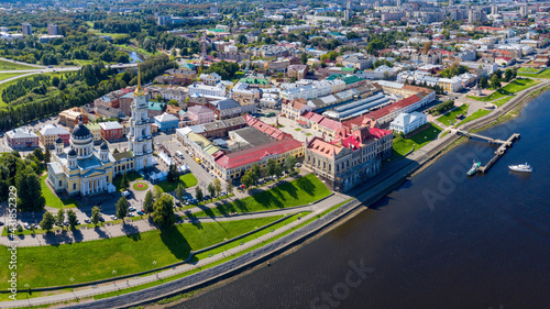 Panoramic aerial view of Rybinsk town on sunny summer day. Yaroslavl Oblast, Russia.